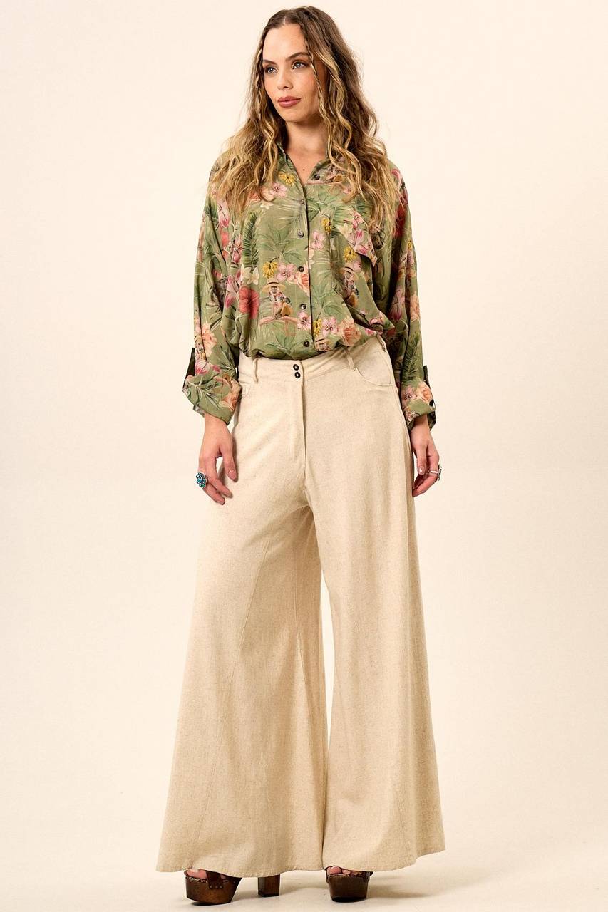 Yacamim G5 Beige Viscose Linen Palazzo Pants
