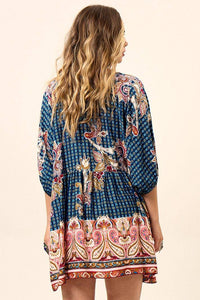Loose Tunic with 3/4 Puffy Sleeves Blue Cashmere Print Yacamim