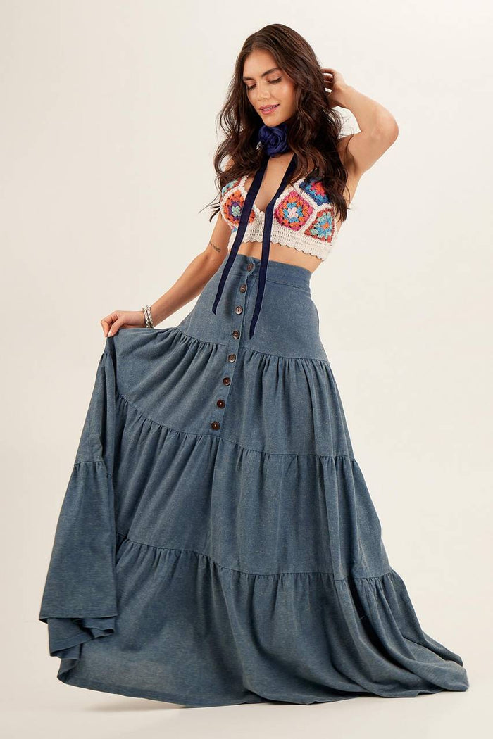 Yacamim Washed Teal Linen Long Skirt