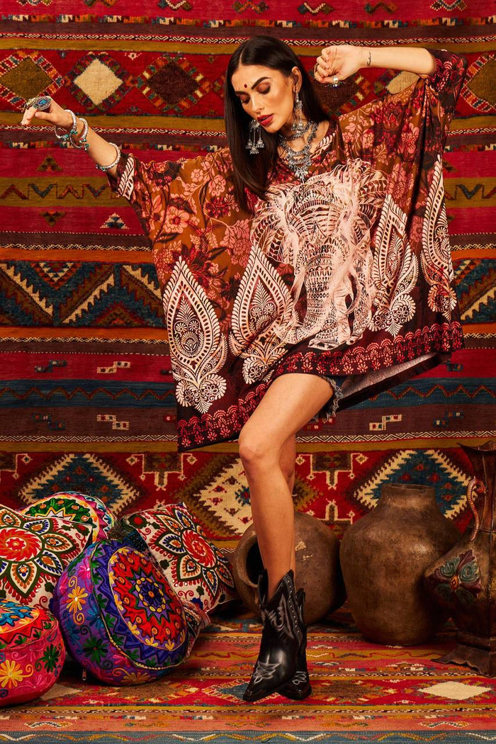 Loose Blouse with Tight Cuffs Brown Elephant Print Yacamim