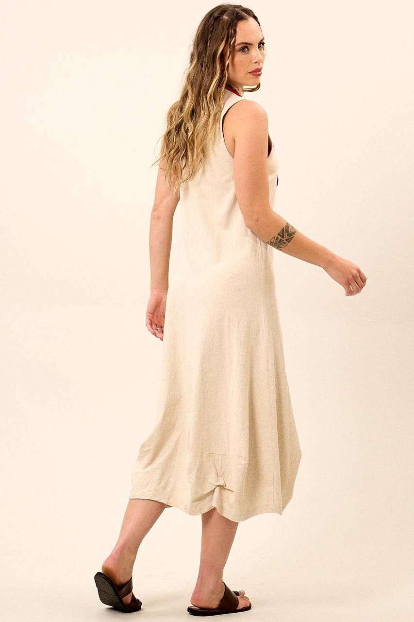 Yacamim Women's Beige Linen Midi Tank Dress with Scalloped Hem C17