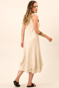 Yacamim Women's Beige Linen Midi Tank Dress with Scalloped Hem C17