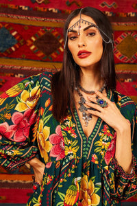 Yacamim Dark Green V-Neck Printed Short Dress