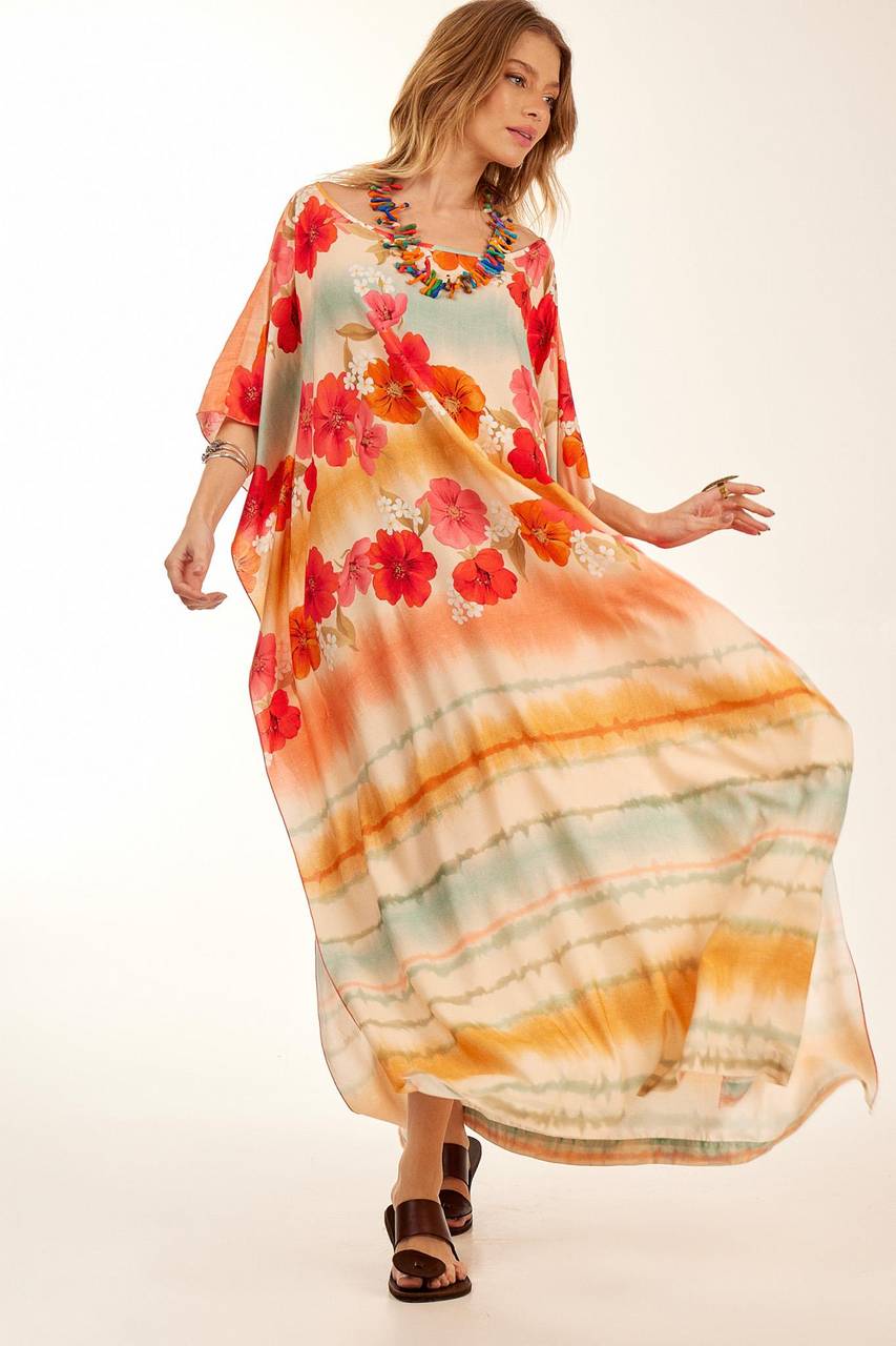 Yacamim Floral Digital Print Loose Long Kaftan