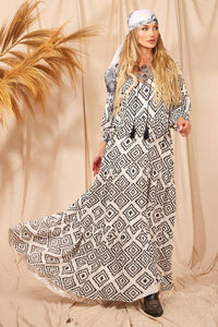 Yacamim Printed White Long Dress with Long Sleeves