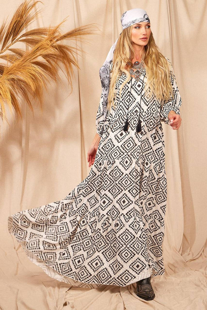 Yacamim Printed White Long Dress with Long Sleeves