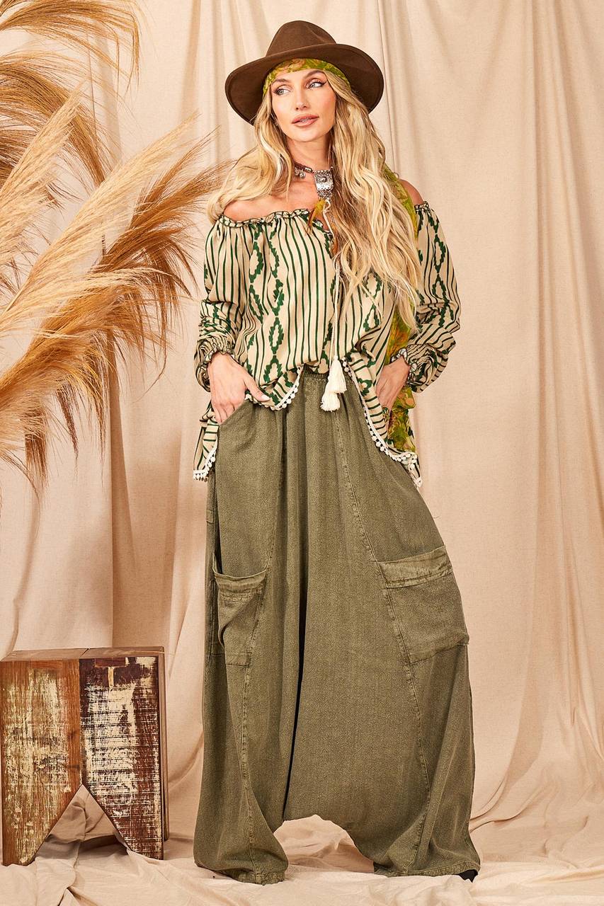 Yacamim H10 Stonewashed Green Harem Pants with Pockets