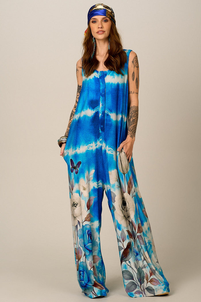 Yacamim Blue Jumpsuit with Rose Print O9