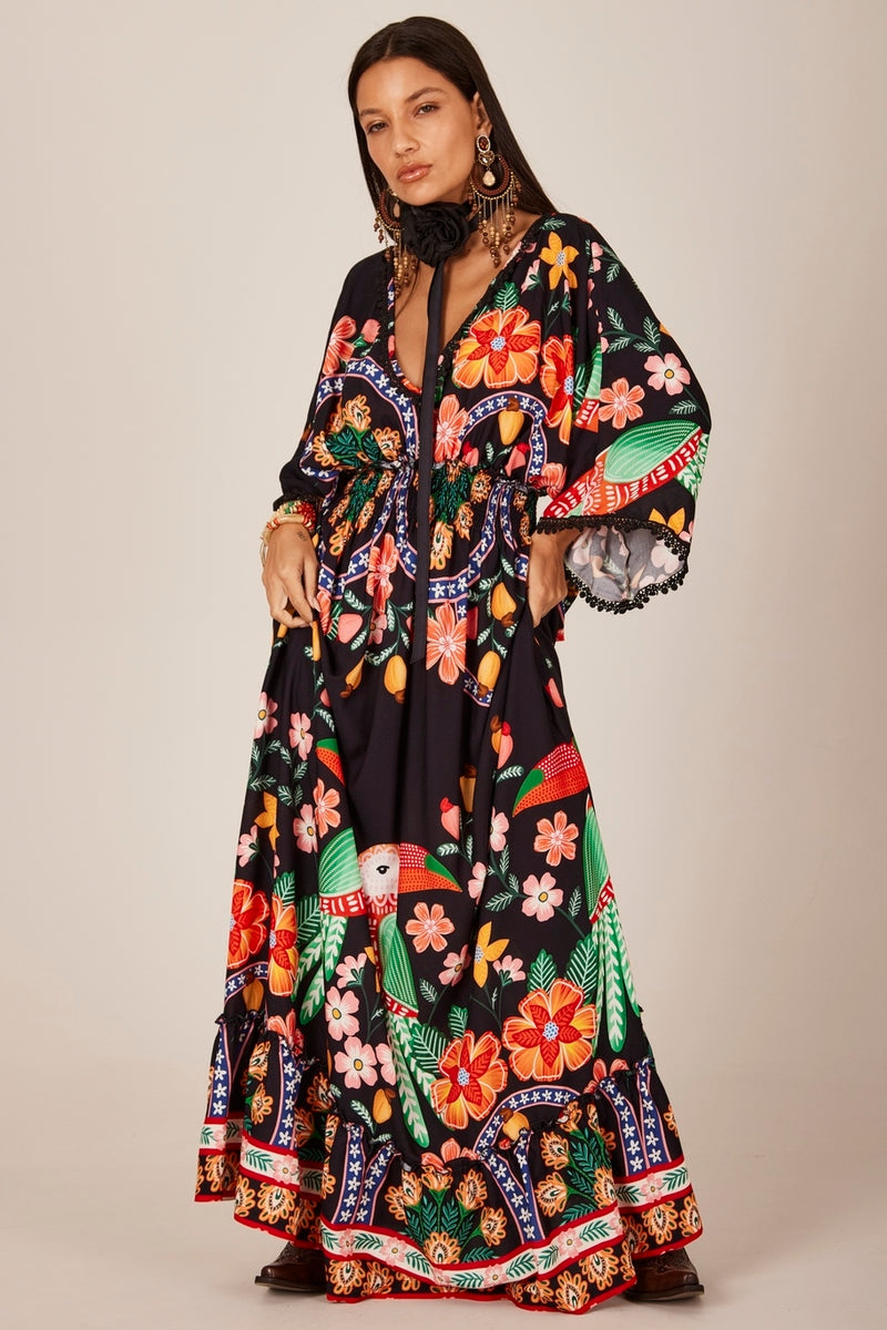 Yacamim C11 Black Printed Deep V-Neck Long Dress