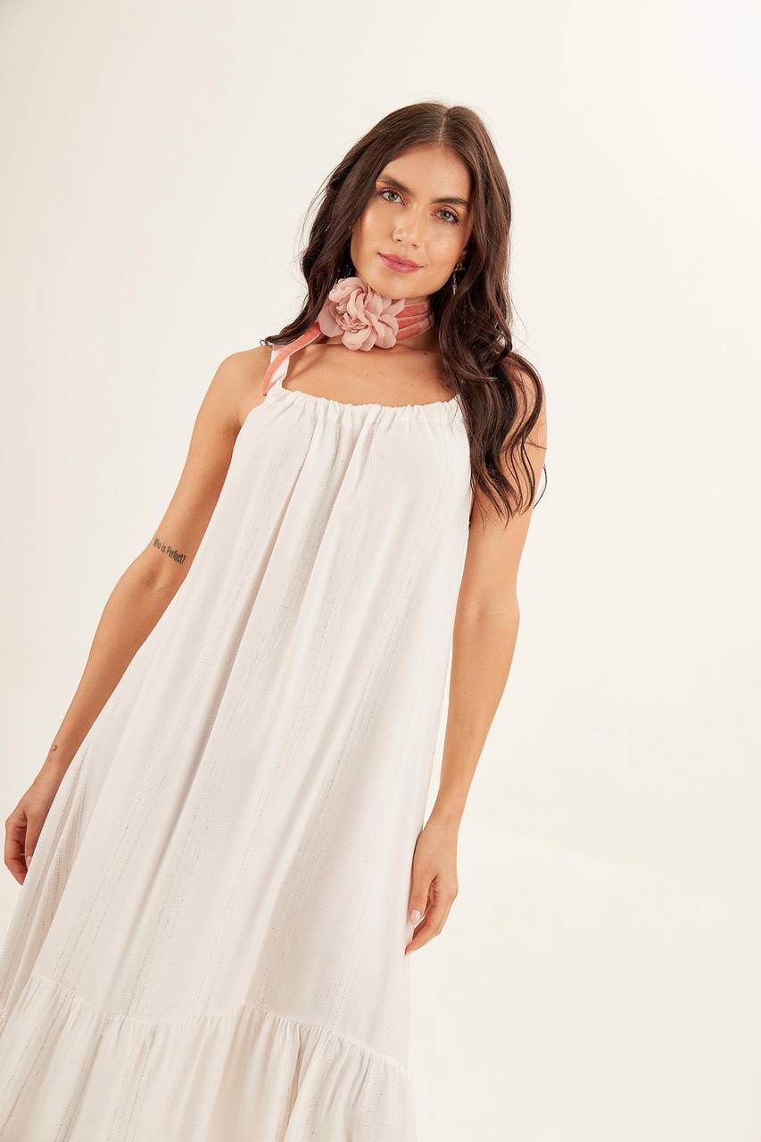 Yacamim Striped Off-White Loose Midi Dress with Straps