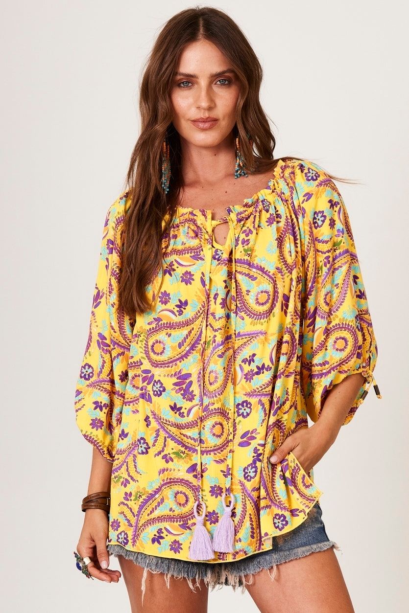 Yacamim Yellow Wide Cashmere Print Blouse B4