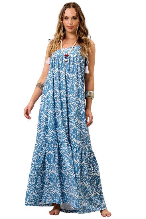 Yacamim Printed Blue Asymmetrical Cutout Strappy Maxi Dress