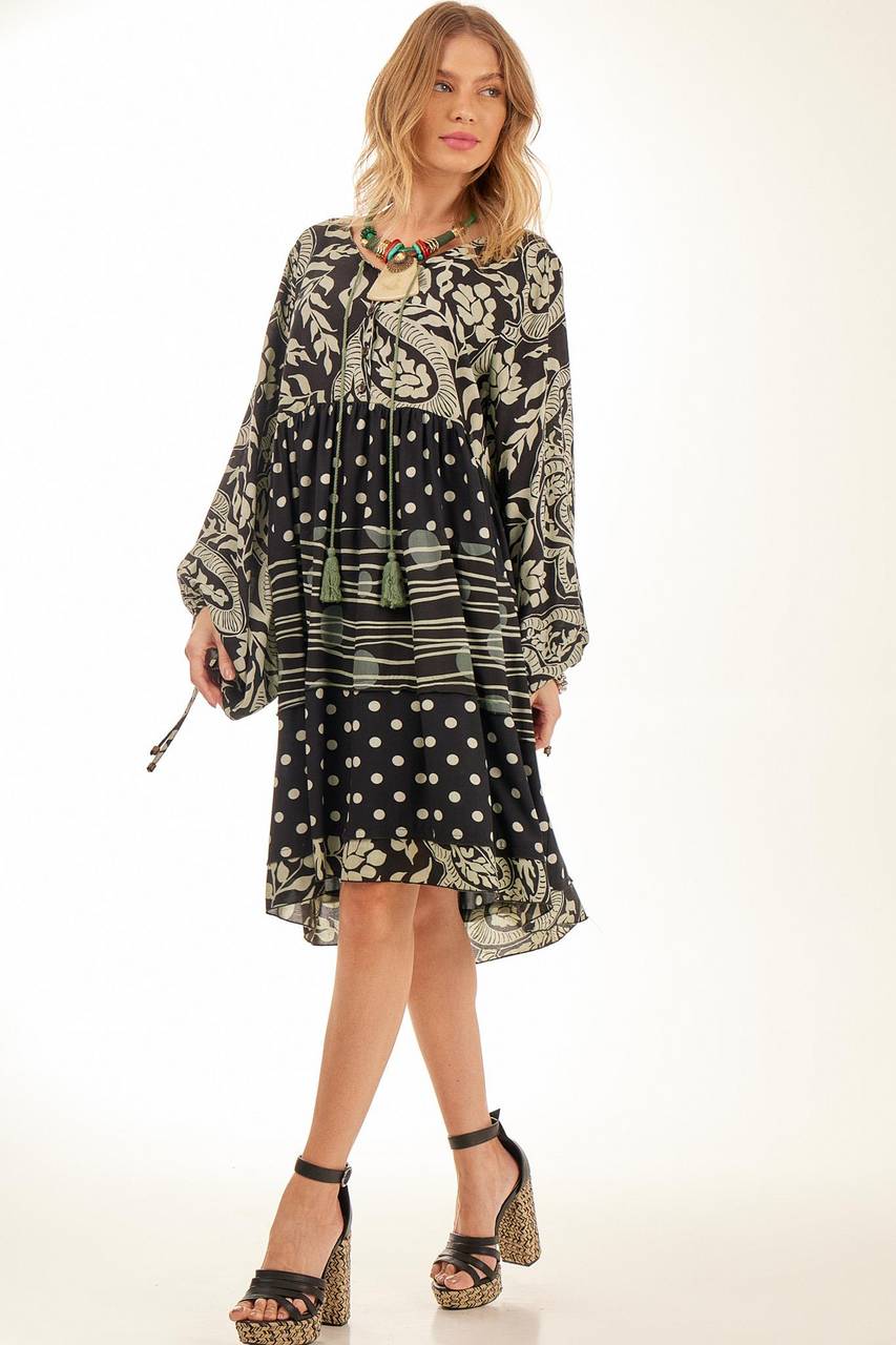 Black Yacamim Patchwork Short Dress with Puff Long Sleeves