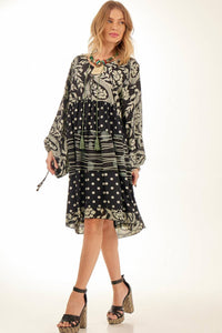 Black Yacamim Patchwork Short Dress with Puff Long Sleeves