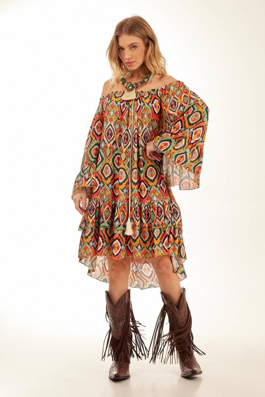 Yacamim Printed Short Gypsy Dress with Wide Sleeves