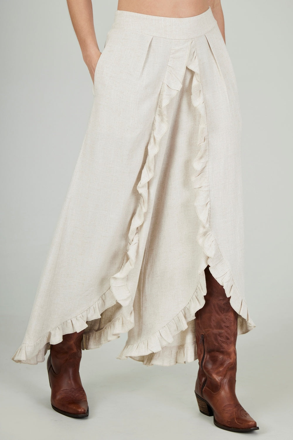 Yacamim Women's Beige Viscose-Linen Tiered Ruffle Pants G2