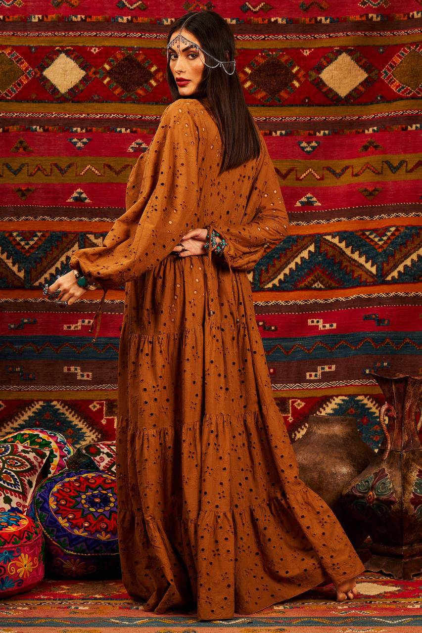 Yacamim Brown Broderie Long Dress with Puff Sleeves and V-Neck