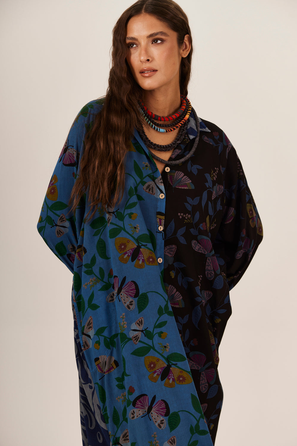 Chemise Longa Azul E Preto Patchwork Yacamim L7