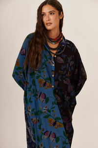 Chemise Longa Azul E Preto Patchwork Yacamim L7