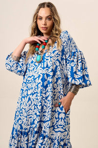 Yacamim Blue Printed Long Shirt Dress with 3/8 Raglan Sleeves