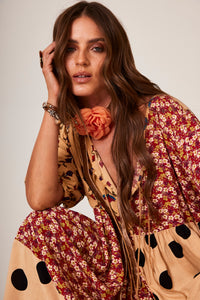 Yacamim D15 Light Brown Patchwork Polka Dot Midi Dress