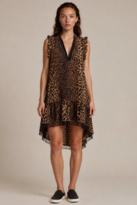 Vestido Curto Sem Mangas Com Babados Animal Print Yacamim D6