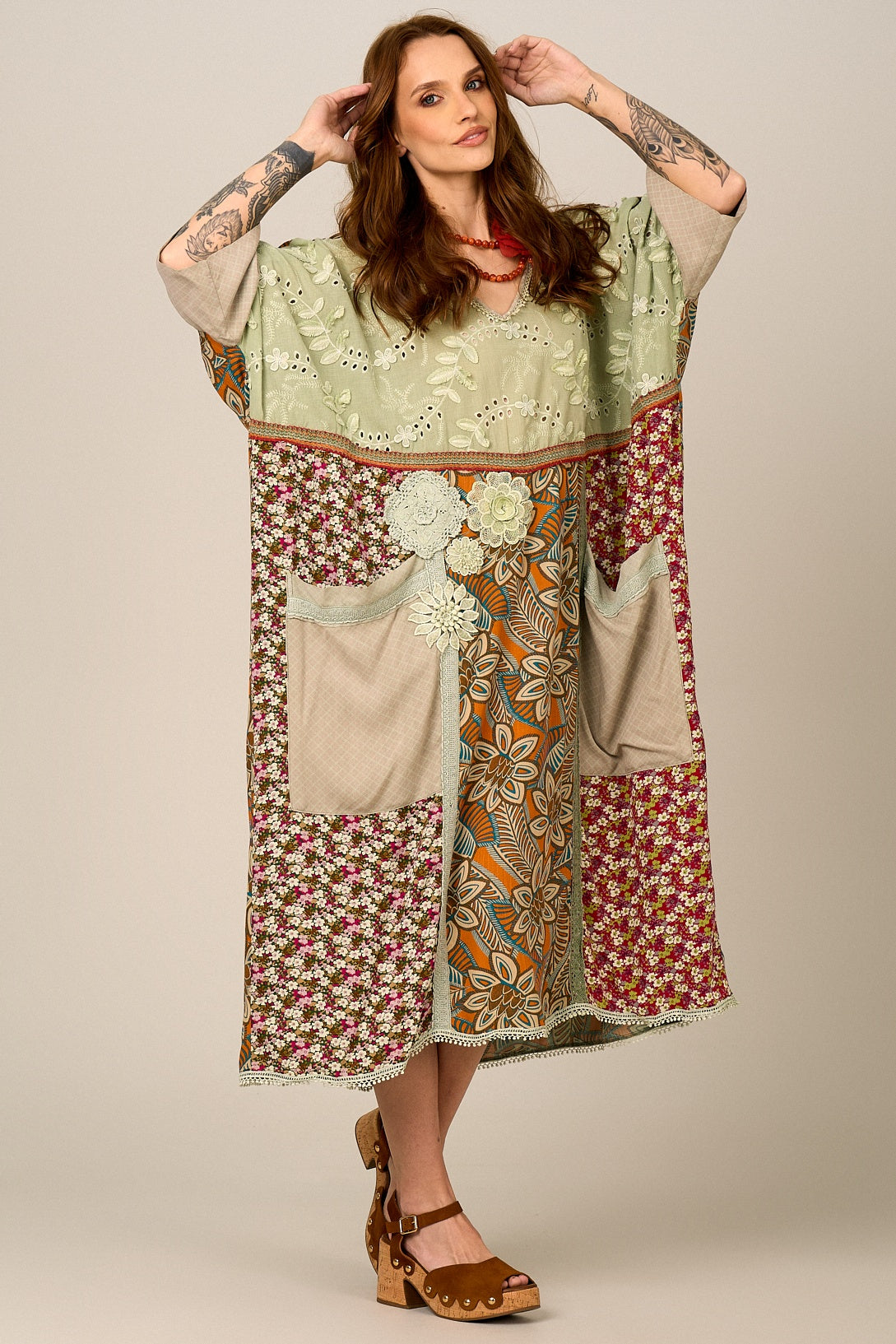 Yacamim Women's Patchwork Print Midi Kaftan J9