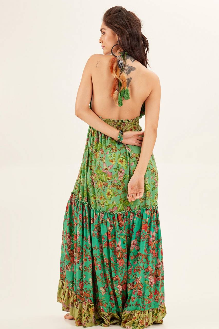 Yacamim Green Patchwork Halter Neck Maxi Dress