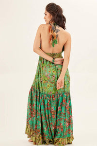 Yacamim Green Patchwork Halter Neck Maxi Dress