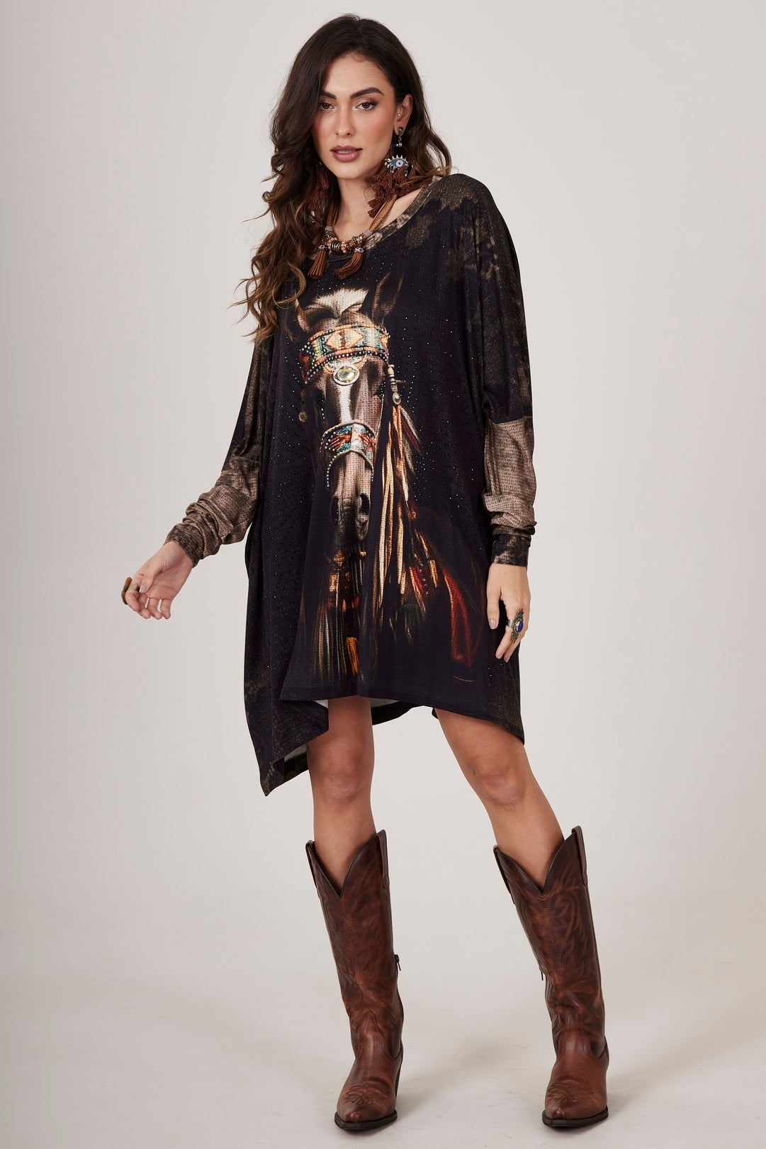 Yacamim B5 Black Wide Tunic with Horse Print and Rhinestones