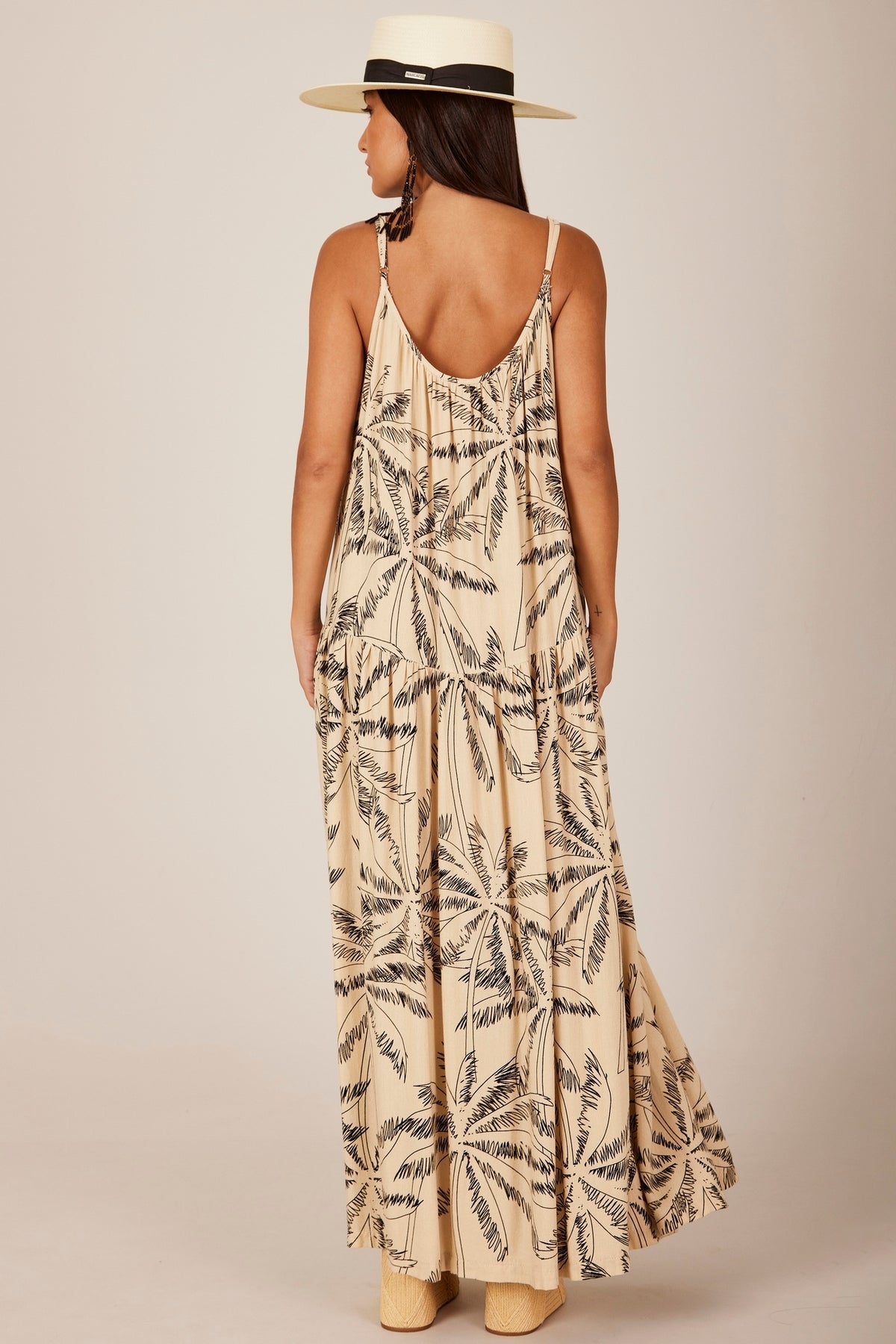 Yacamim D18 Beige Printed Linen Long Dress