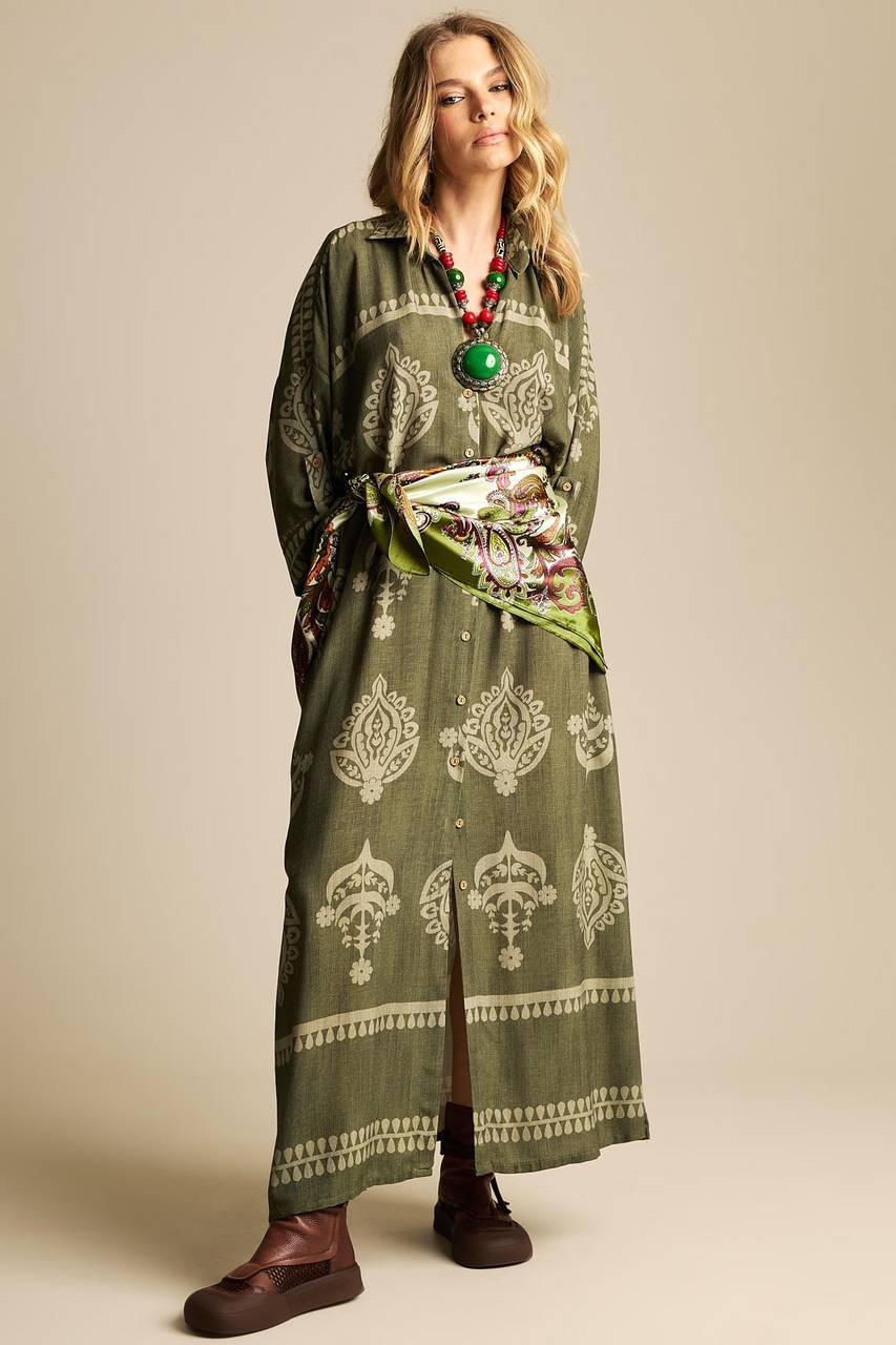 Yacamim N8 Dark Green Printed Long Sleeve Long Shirt