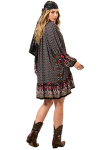 Yacamim Black Printed Short Dress with Long Puff Sleeves
