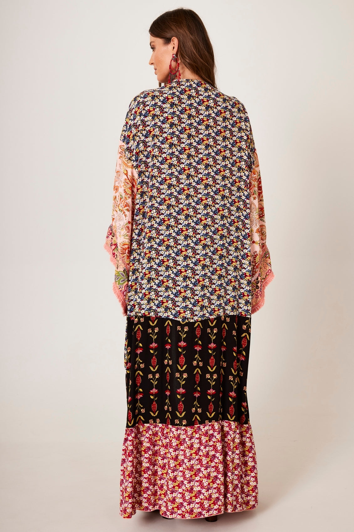 Kimono Long with Pink Fringes Patchwork Print Yacamim J2