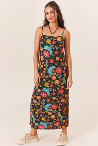 Vestido Midi Com Alças Reguláveis Preto Floral Yacamim T4