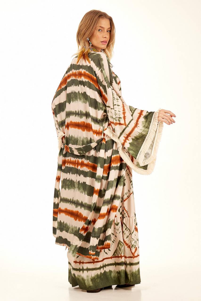 Yacamim Long Kimono with Green Tie-Dye Digital Print and Fringes
