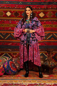 Yacamim Women's Long Kimono with 3/8 Flare Sleeves, Pink Patchwork Print