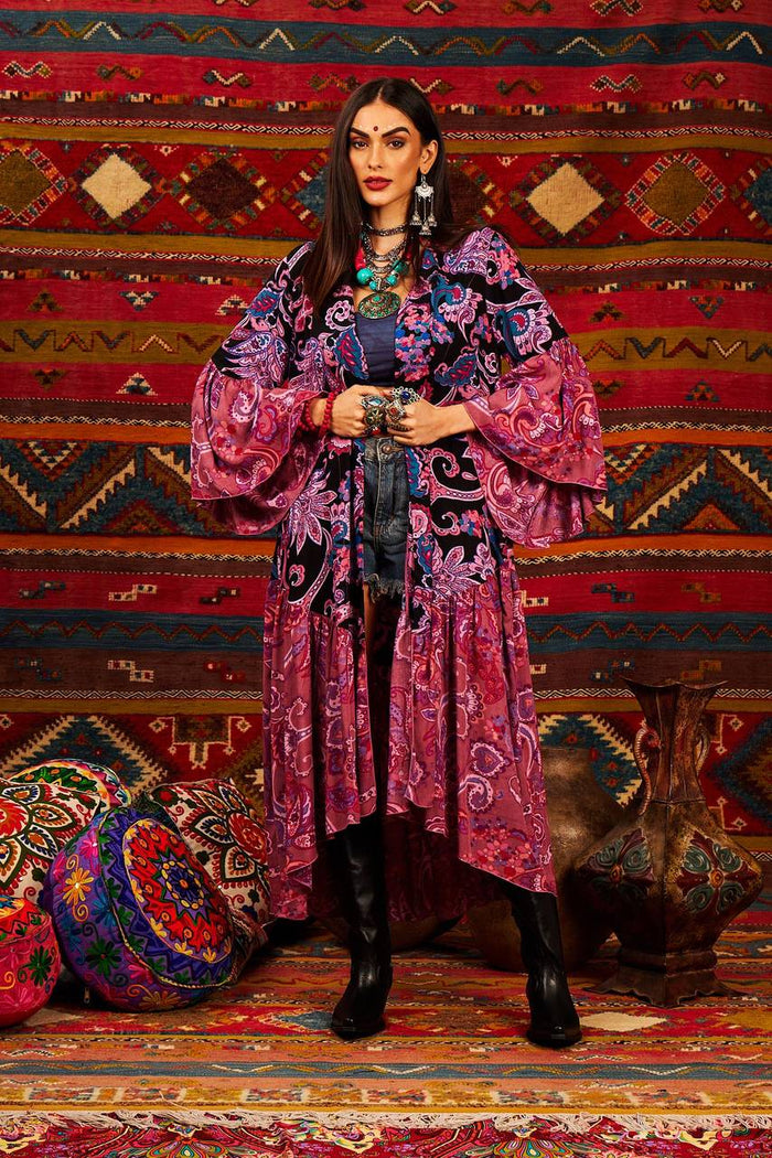 Yacamim Women's Long Kimono with 3/8 Flare Sleeves, Pink Patchwork Print