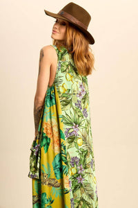Yacamim Green Patchwork Sleeveless Midi Dress