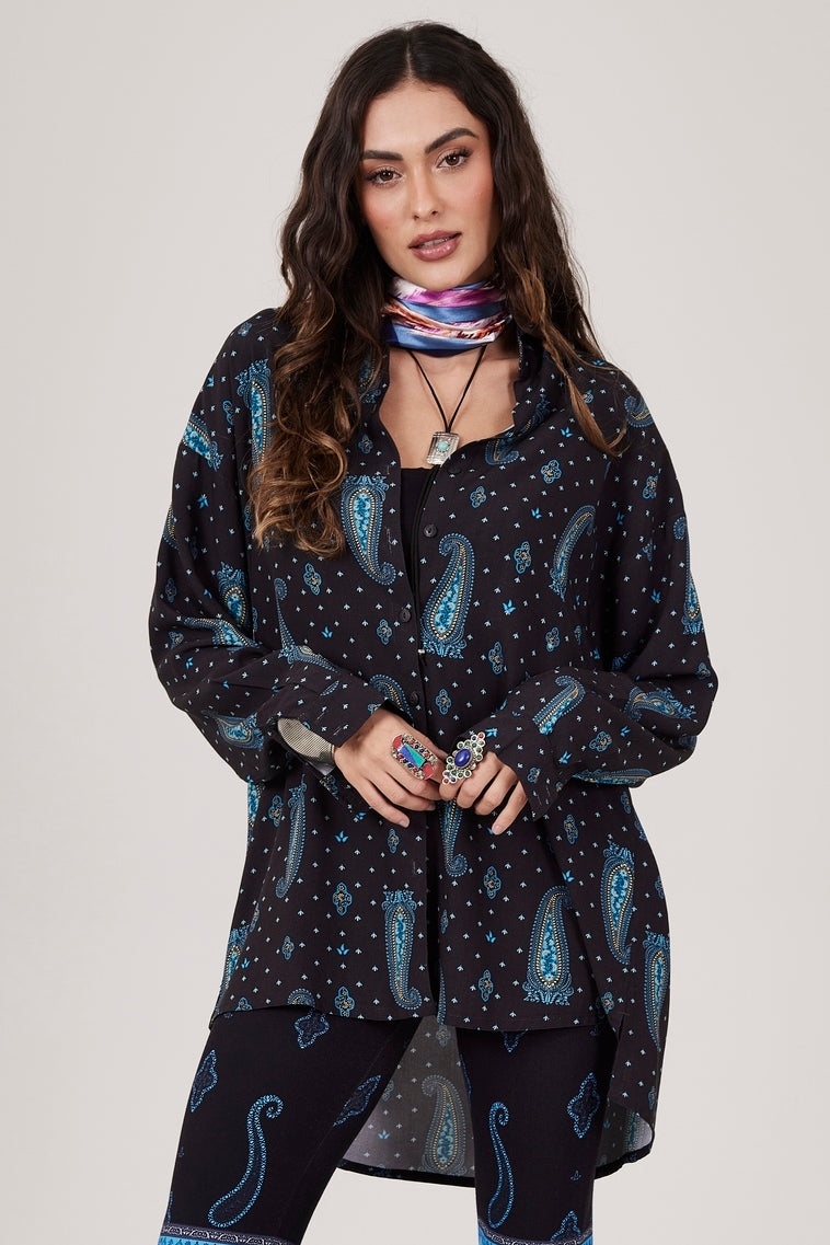 Yacamim A16 Navy Blue Cashmere Oversized Long-Sleeve Shirt