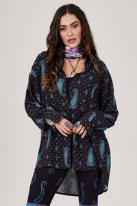 Yacamim A16 Navy Blue Cashmere Oversized Long-Sleeve Shirt