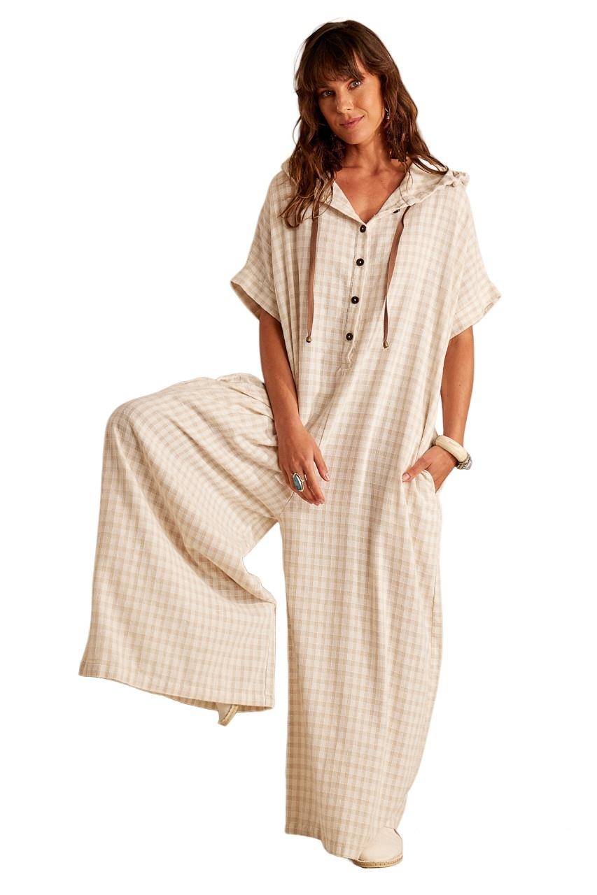 Yacamim Beige Plaid Long Jumpsuit