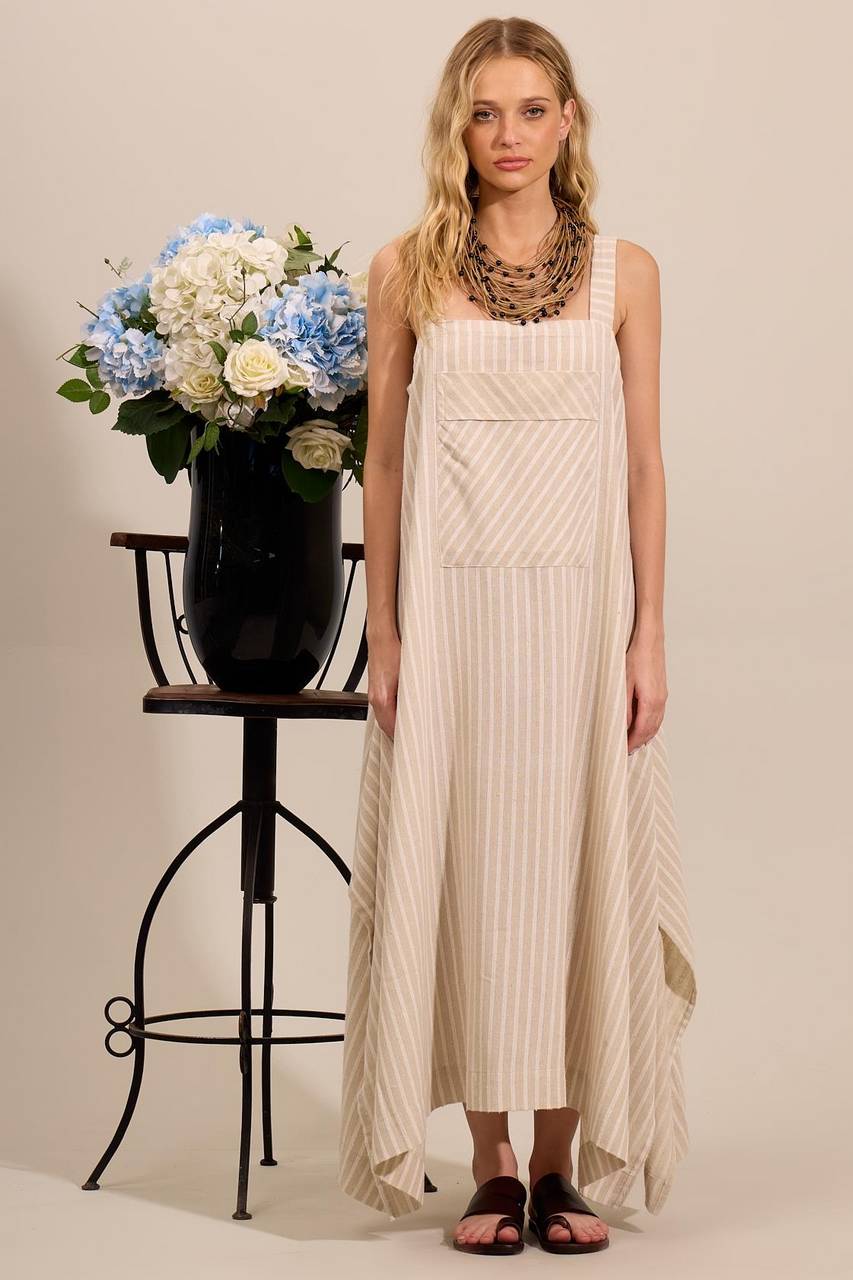 Yacamim Striped Beige Linen Midi Dress