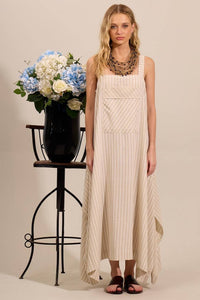 Yacamim Striped Beige Linen Midi Dress