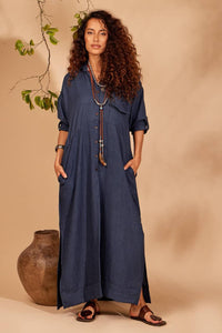 Yacamim Navy Blue Loose Long Shirt with Rolled-Up Sleeves