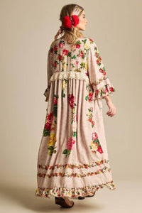 Yacamim C27 Beige Floral Print Midi Dress With Front Slit