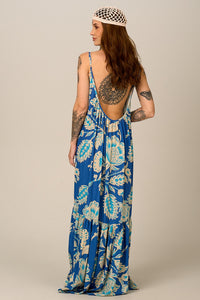 Yacamim E18 Blue Printed Long Dress with Adjustable Straps