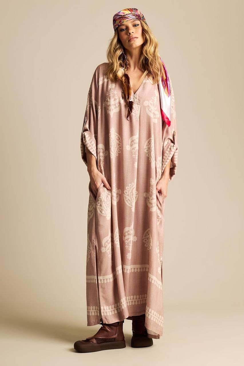 Light Brown Printed Wrap V-Neck Maxi Dress Yacamim N3