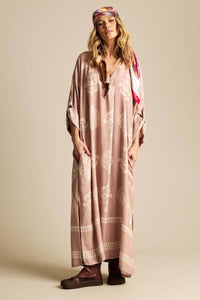 Light Brown Printed Wrap V-Neck Maxi Dress Yacamim N3