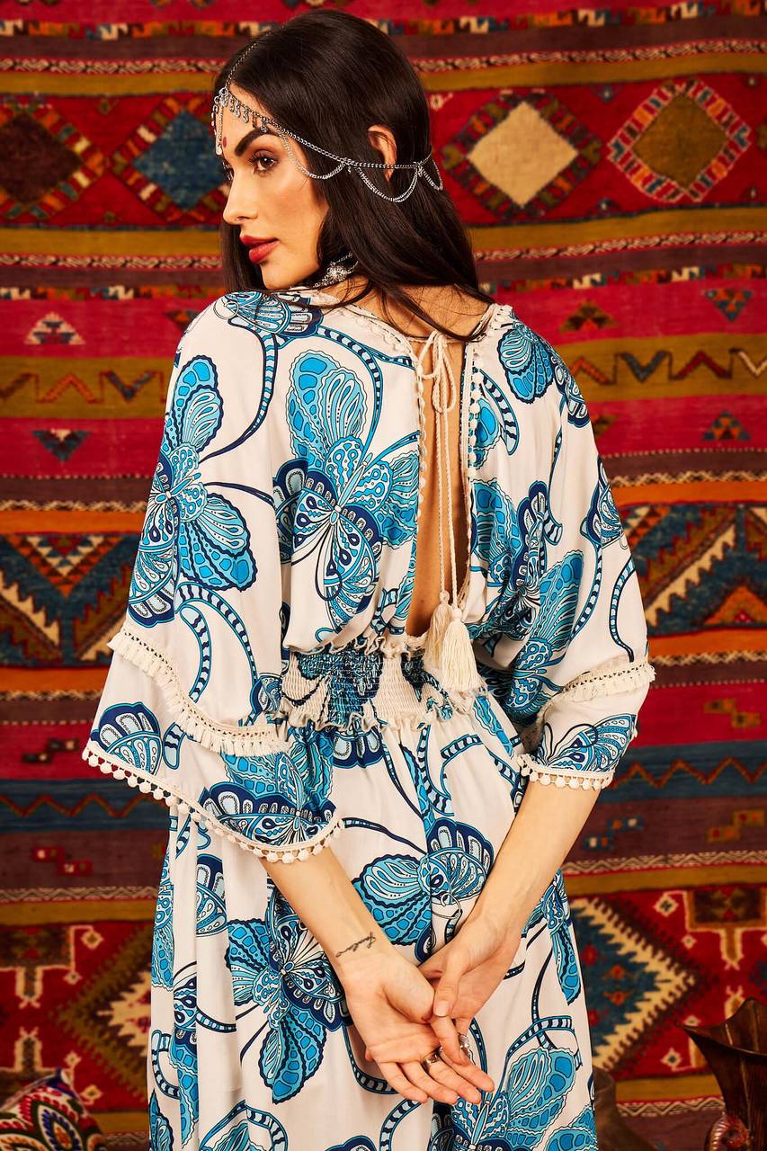 Yacamim White Butterfly Print Mullet Dress with Shirred Waist